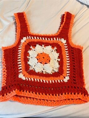 Handmade Crochet Granny Square Tank Top Rust Orange Coral Cream Y2K Boho S M
